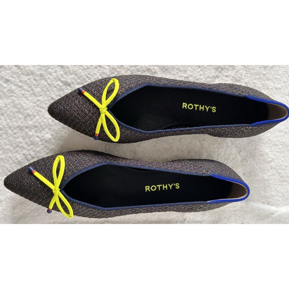Rothy's The Bow Point 10.5 metalic bronze navy blue quilted Ballet Flats neon